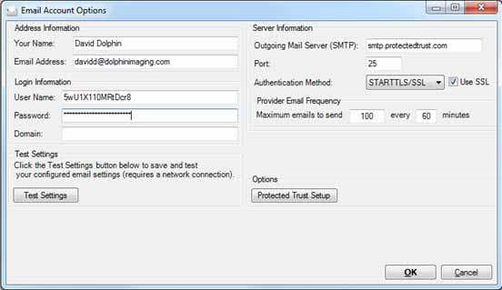 Dolphin Email Account Options with Send It Secure SMTP settings