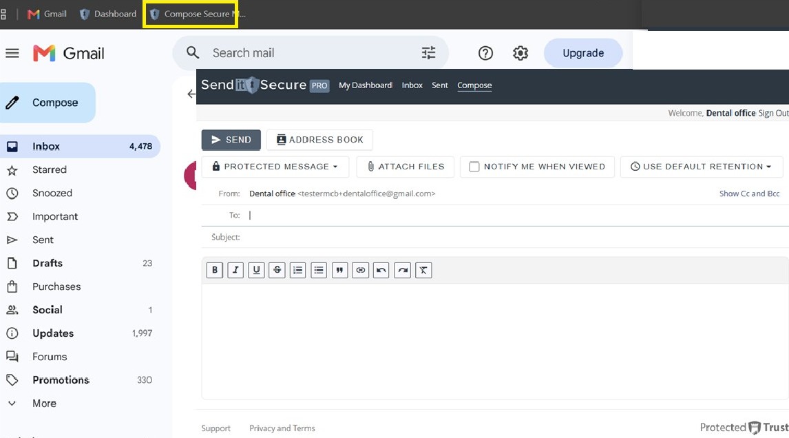 The Send It Secure Compose window open next to Gmail, launched from the Compose Secure Message bookmark