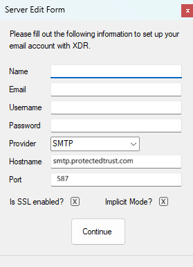 XDR email / SMTP settings filled in with Send It Secure values