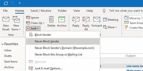 Outlook Sent folder: right-click the test message and select Junk > Never Block Sender