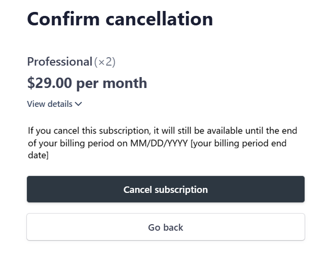 Cancel Subscription and confirmation prompt